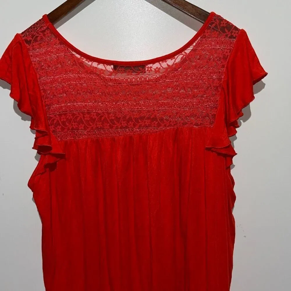 Doublju Women's Red Floral Lace Short Flutter Sleeve Pullover‎ Blouse Size 2XL